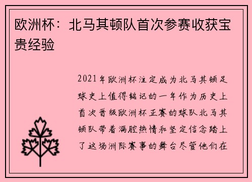 欧洲杯：北马其顿队首次参赛收获宝贵经验
